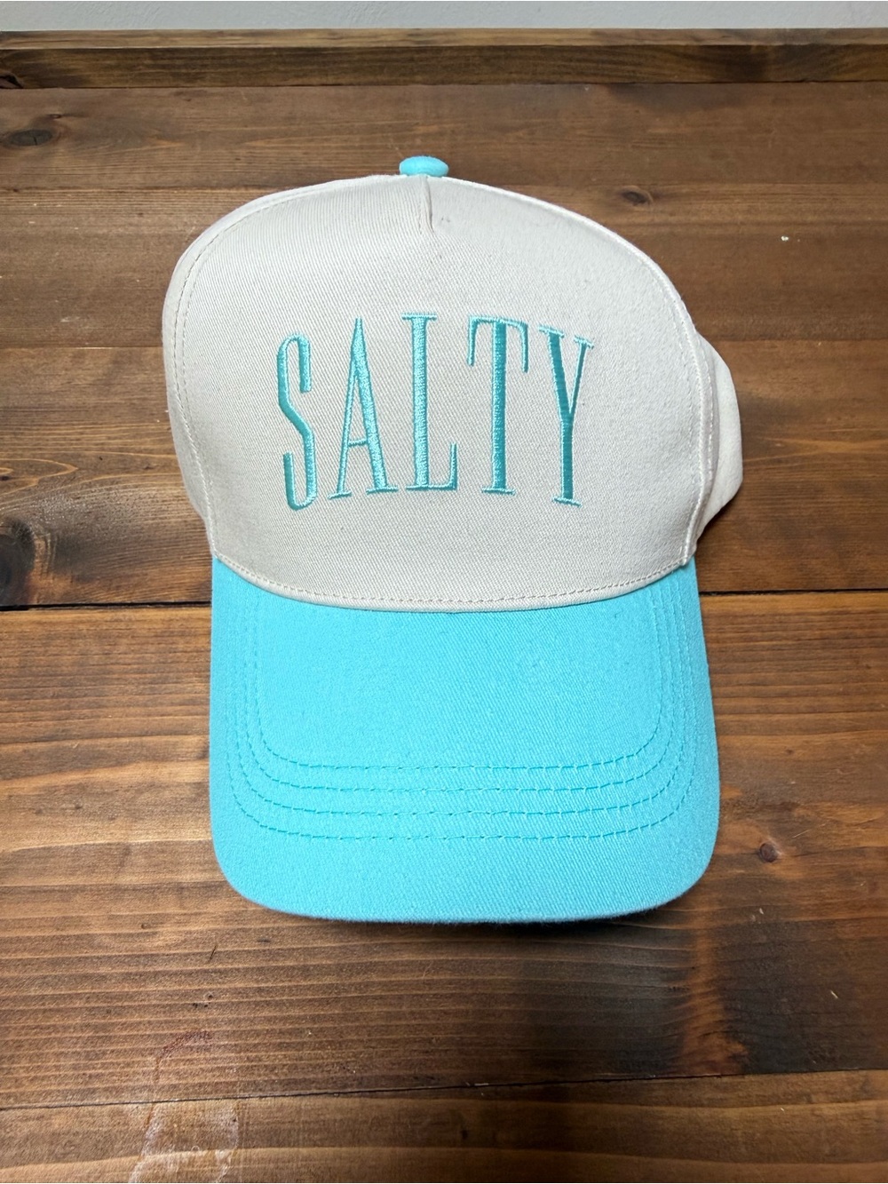 Pink Cabana Co. SALTY Embroidered Two-Tone Turquoise & Cream Trucker Hat